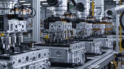 Fototapeta premium Medium shot showing robotic systems installing cylinder heads onto engine blocks with synchronized efficiency.