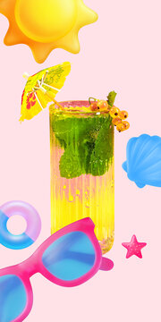 Green mint cocktail with umbrella sunglasses and bright tropical icons. Concept of beach bar advertising, mojito style menu, summer party promo, and resort drink campaign.