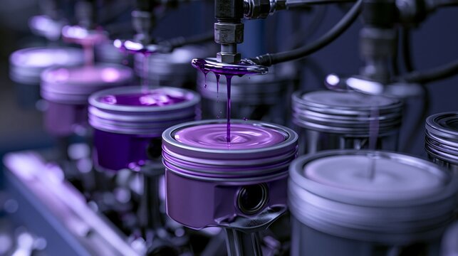 Medium shot capturing the anodizing process of piston crowns focusing on the vibrant surface finish and corrosionresistant treatment in an automated workshop.