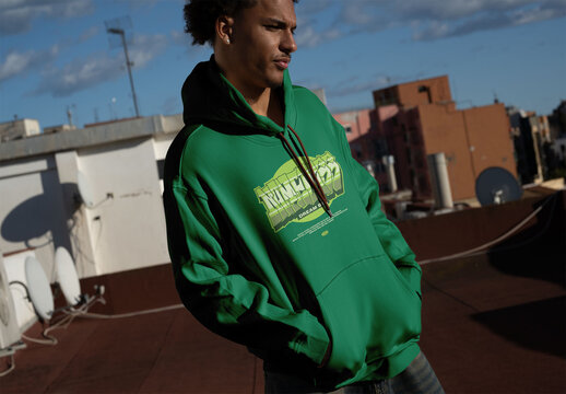 Jumper Mockup on a Rooftop in a City Setting