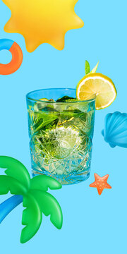 Mojito cocktail with lemon mint palm tree and blue summer background. Concept of refreshing drink advertising, beach bar menu, tropical promo design, and vacation campaign.