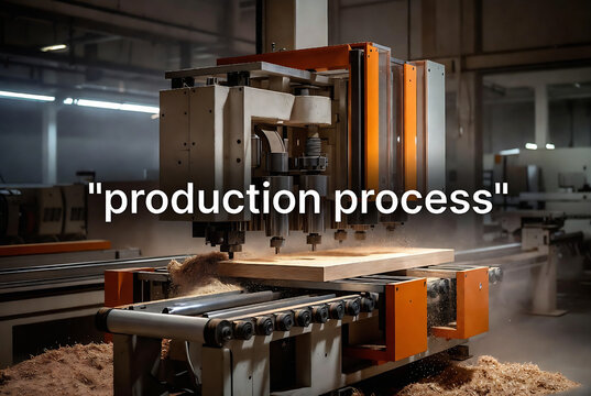 A large industrial machine is shown in a factory setting, actively engaged in a production process involving wood material.