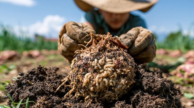 Agricultural worker pulling a root from soil revealing root maggot larvae feeding on the surface.