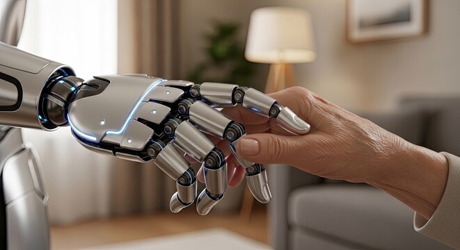 A human hand and a robotic hand touching fingers in a modern living room with a lamp and sofa in the background