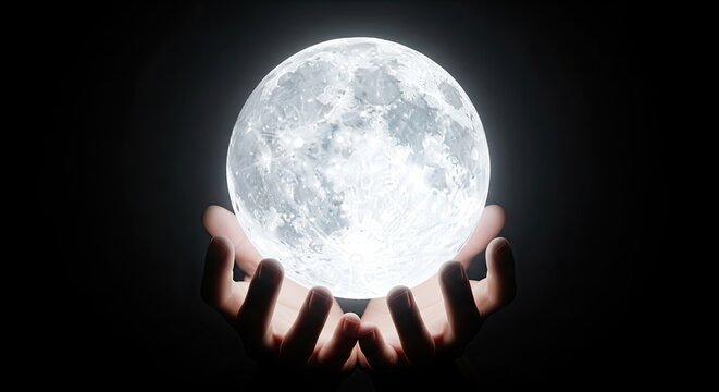 A person's hands cradling a glowing full moon against a dark background with a sense of wonder and magic