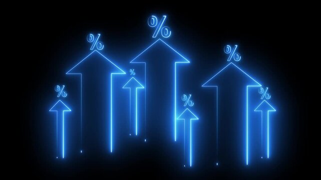 Interest rate increase concept. Businessman use a Neon up arrow with percentage symbols and upward arrows, symbolizing rising interest rates. financial growth, dividend yield, income, expenses