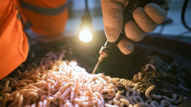 Sanitation worker spraying treatment into a drain with drain fly larvae clearly visible at the edge.