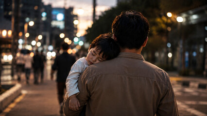 Fototapeta premium Father carrying sleeping child on city street for father's day
