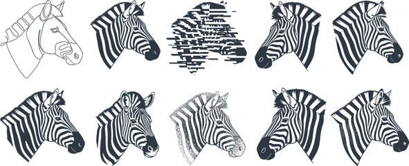 Zebra Head Vector Set with Abstract Glitch Line Art and Stippling Striped African Safari Animal Profiles for Creative Logo and Graphic Designs © EdGe Creative