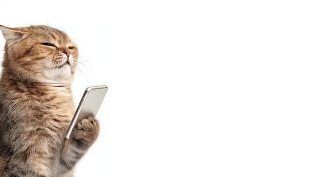 Shocked reaction kitten surprised by smartphone, horizontal video