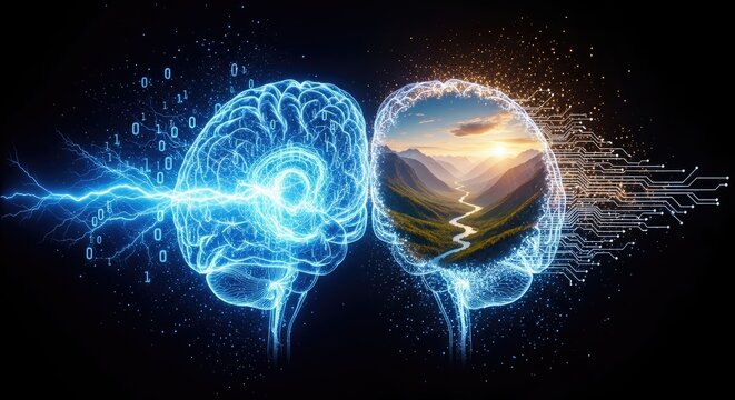 Digital illustration of two glowing blue human brain hemispheres connecting with a vibrant mountain landscape inside one hemisphere on a dark background with binary code and circuit elements