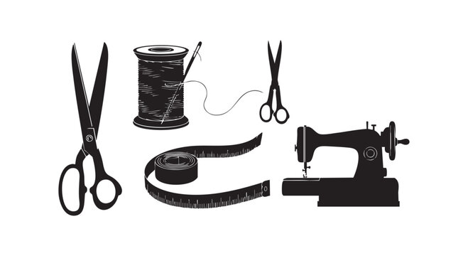 Set of black sewing icons showing tailoring equipment like scissors thread needle measuring tape and sewing machine.