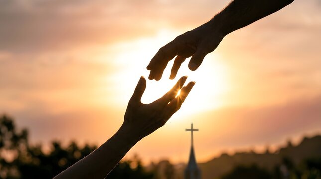 Helping hand reaching out towards sunset with church silhouette