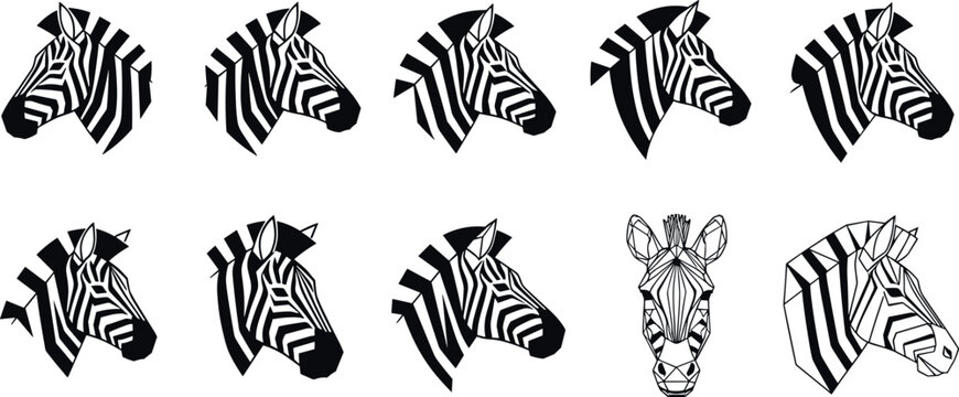 Geometric Zebra Head Silhouette Vector Set with Low Poly Triangle Facets and Striped African Safari Animal Profiles for Creative Logo Designs