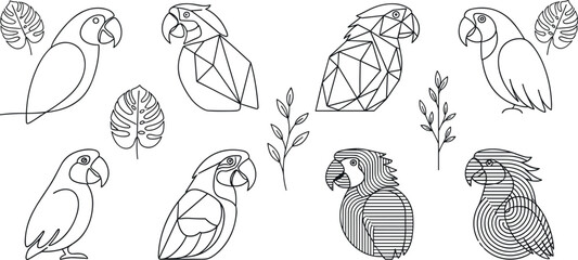 Abstract Geometric Parrot Line Art Vector Set with Low Poly and Linear Pattern Macaw Outlines for Minimalist Tropical Logo and Coloring Book Designs © EdGe Creative