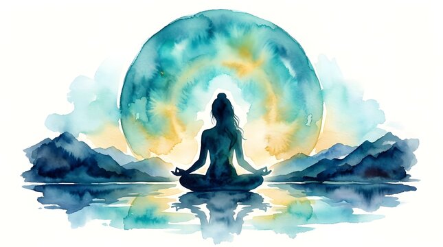 Watercolor silhouette of woman meditating by water with full moon