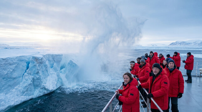 Massive iceberg calving sequence viewed from a research vessel deck, crew in red parkas gripping railings as white wall splits and crashes i 2