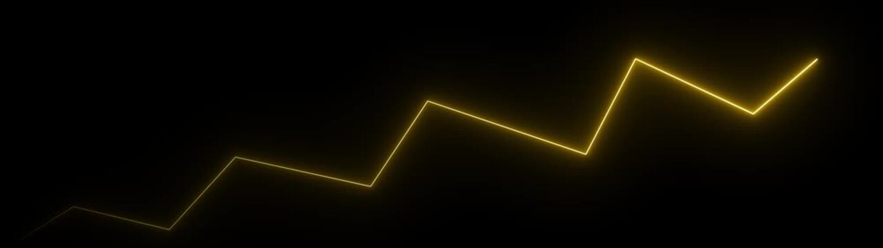 neon glowing zigzag line with upward arrow on black background, representing growth trend, progress, and rising performance.