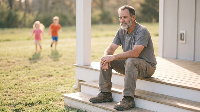 Newly unemployed man in his fifties sitting on front stoop in work boots watching neighborhood children play, quiet summer afternoon, expres 2