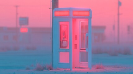 Obraz premium Nostalgic Payphone at Dusk, an old payphone booth stands on a quiet street under a soft orange sky, evoking memories of a bygone era and solitude in the evening light