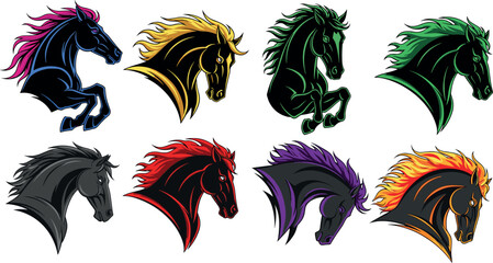 Mascot Horse Head Vector Set with Powerful Stallion Profiles and Colorful Flaming Manes for Esports Logos Team Branding and Apparel Designs © EdGe Creative