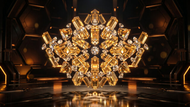 Luxury Futuristic Golden Prism Background with Reflective Diamond Glass and Neon Sci-Fi Geometry