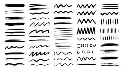 Hand drawn doodle brush strokes and underline lines set, text highlighting and emphasis elements, isolated on transparent background, grunge sketch marker style vector illustration ©    