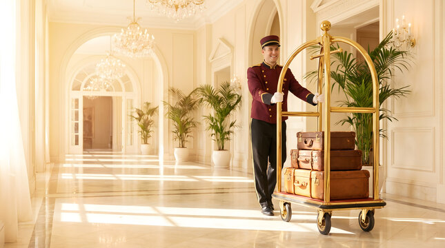 Smiling bellboy pushing luggage cart in luxury hotel.