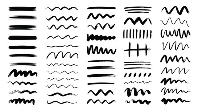 Hand drawn doodle brush strokes and underline lines set, text highlighting and emphasis elements, isolated on transparent background, grunge sketch marker style vector illustration