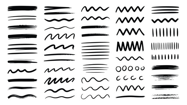 Hand drawn doodle brush strokes and underline lines set, text highlighting and emphasis elements, isolated on transparent background, grunge sketch marker style vector illustration