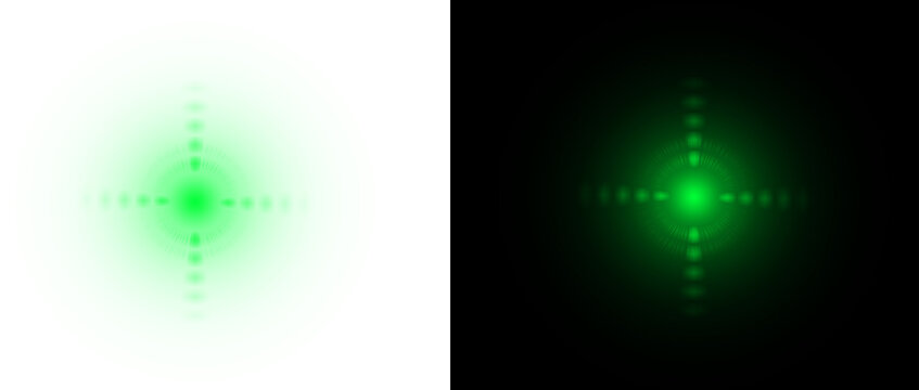Green laser beam diffraction pattern, optical physics light interference on white and black backgrounds, scientific laser pointer crosshair