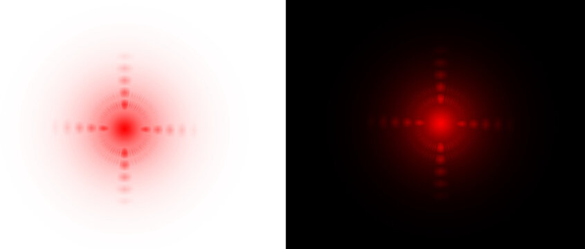Red laser beam target crosshair, glowing infrared light point on black and white backgrounds, futuristic optical sight and aiming dot