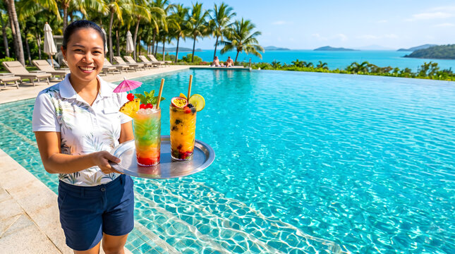 Smiling resort staff serving tropical cocktails by infinity pool.