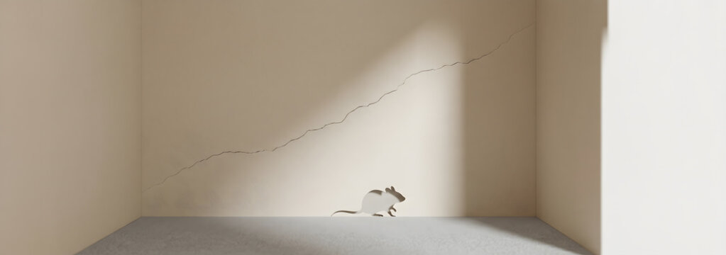 Minimalist beige wall with crack and rat hole silhouette.