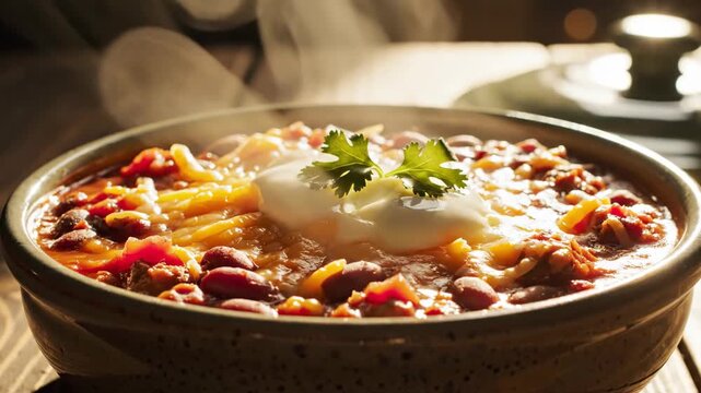 Steaming bowl of chili con carne topped with cheese, sour cream, and cilantro. Hot hearty comfort food meal on a rustic wooden table. Traditional Tex-Mex cuisine