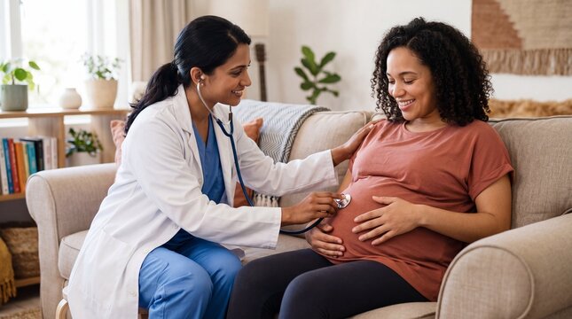 Pregnancy Check-up at Home: A compassionate doctor performs a gentle check-up on a smiling pregnant woman, using a stethoscope to listen to the baby's heartbeat in a cozy home environment.