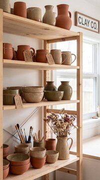 A rustic pottery display showcases an array of handmade ceramic vessels and dried floral arrangements on a simple wooden shelving unit, hinting at artisanal craft and natural beauty.