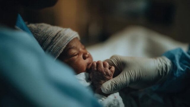 Newborn baby held by caregiver in hospital setting during early morning hours in a private room