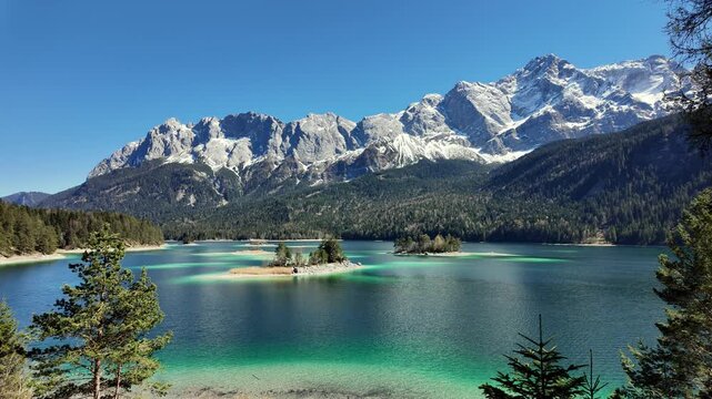 Turquoise Eibsee Lake with View of Zugspitze Mountain in Bavaria, Germany