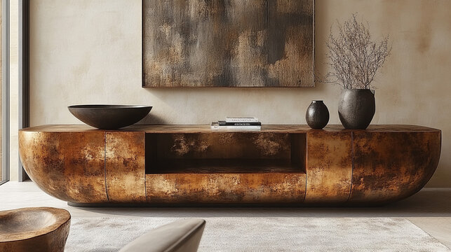 Modern metallic sideboard in living room with abstract art