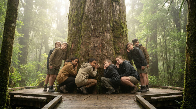 Towering old-growth kauri tree base surrounded by a wooden boardwalk platform, a multicultural school group pressing ears to bark listening 3