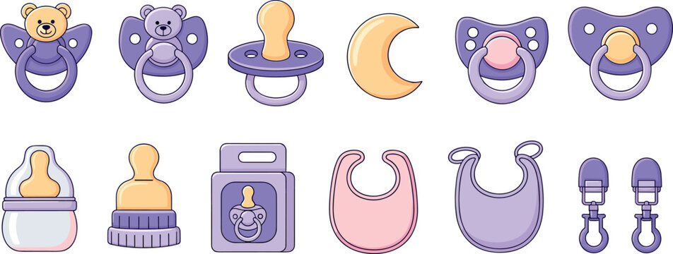 Baby Pacifier and Feeding Bottle Vector Icon Set with Cute Teddy Bear Pacifiers Bibs and Holder Clips for Infant Care Graphic Designs