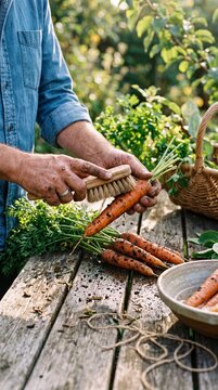 A gardener diligently cleans freshly harvested carrots with a brush on a rustic wooden table, illuminated by the soft golden light of a sunny afternoon.