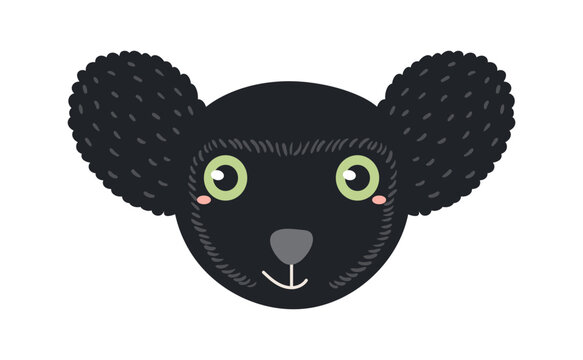 Cute little indri lemur face illustration isolated. Kawaii cartoon character. Wild animal, baby animal, wildlife, nature, fauna. Kids print, design element, clip art. Hand drawn flat vector