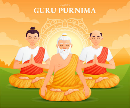 Guru Purnima celabration banner with spiritual teacher and shishya. Traditional hindu festival vector illustration.
