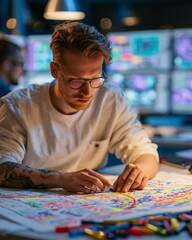 Fototapeta premium Nightshift operator in a warehouse office traces signal gaps on a floor plan with vibrant markers illuminated by the soft glow of control monitors in a shallow depth of field.