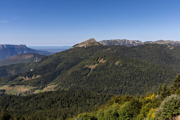 Fototapeta premium Scenic mountain panorama from Chamechaude with sweeping views of the Chartreuse Mountains, French Alps