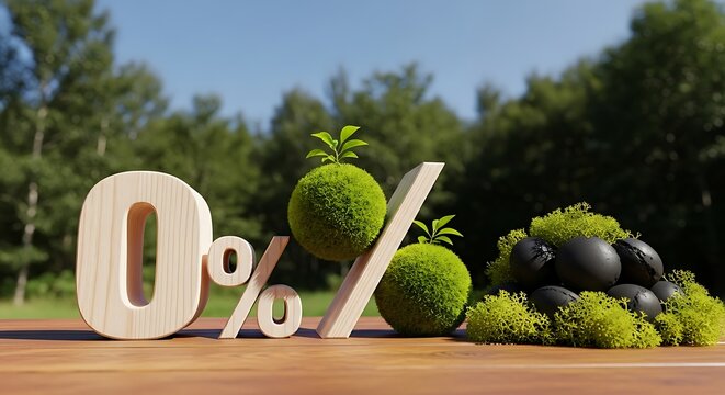 zero percent emissions concept with eco-friendly 3d numbers and broccoli on wood