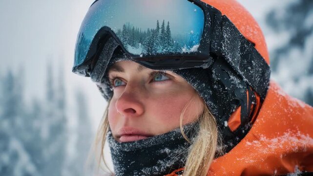 Woman in orange gear stands in snowy mountains while snow falls around her during a winter day