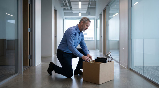 Middle aged man in dress shirt carefully folding cardboard box of desk belongings in empty office corridor, fluorescent light flickering abo 3
